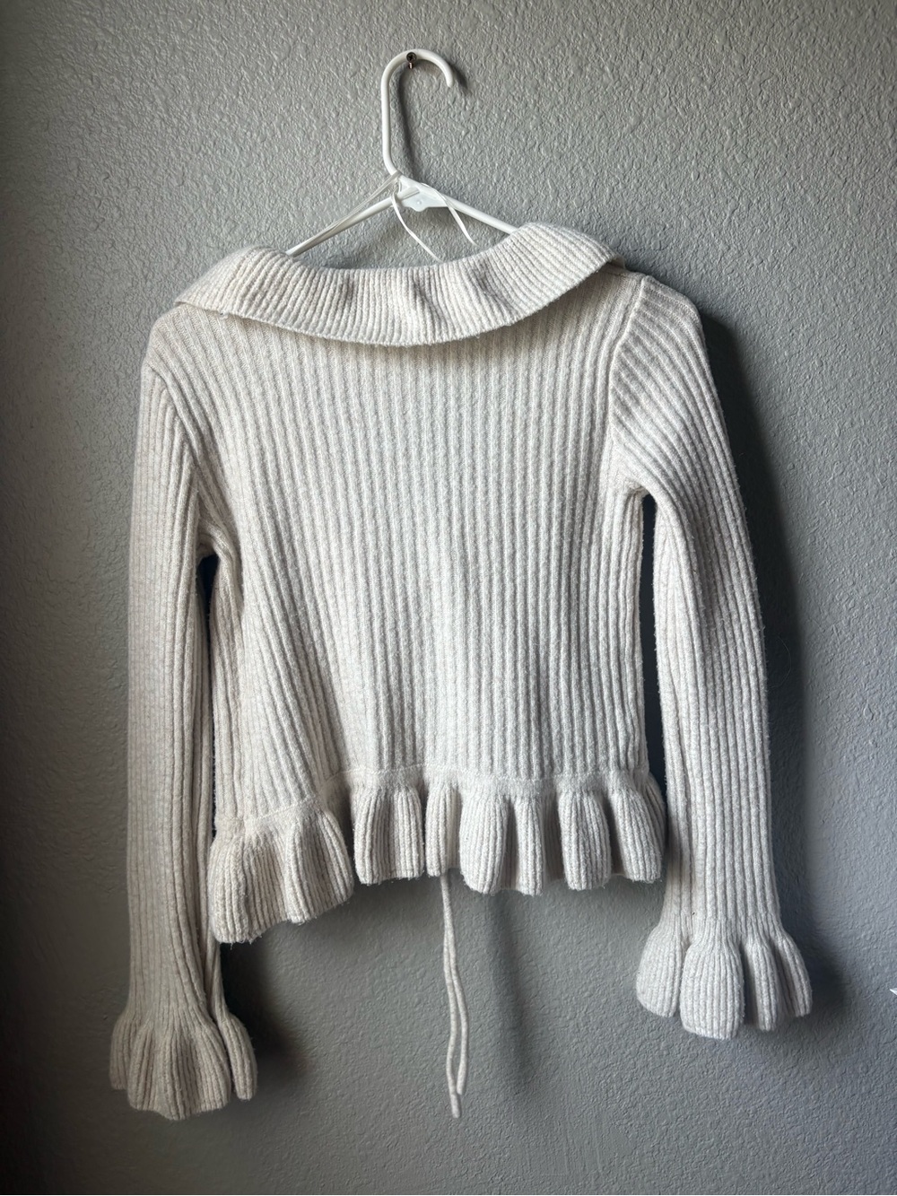 Pink Rose Cream Ruffle-Tie Ribbed Cardigan - Picture 2 of 2